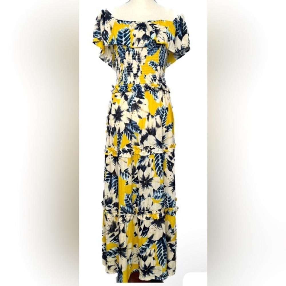RAGA FLORAL PRINT OFF SHOULDER TIERED MAXI DRESS YELLOW BLUE SIZE S NWT